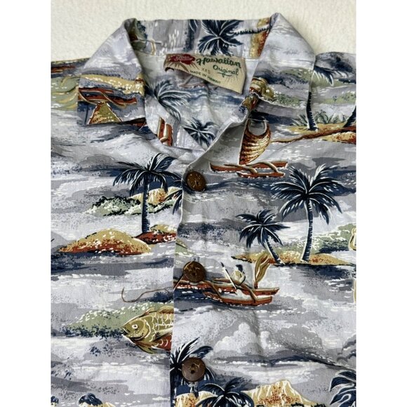 Hilo Hattie Boys Hawaiian Shirt XXS 4/5 Cotton Hawaii Outrigger Canoe Palm Tree - Picture 7 of 7